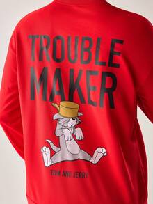 Strevion TOM & JERRY Men's Casual Commuter Tom Maker Letter Print Round Neck Long Sleeve Slim Fit Sweatshirt, Spring/Autumn - Red - View 3