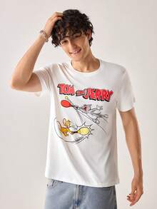Strevion TOM & JERRY 男士简约汤姆和杰瑞乒乓球印花圆领短袖T恤，夏季款 - 白色 - 查看 4