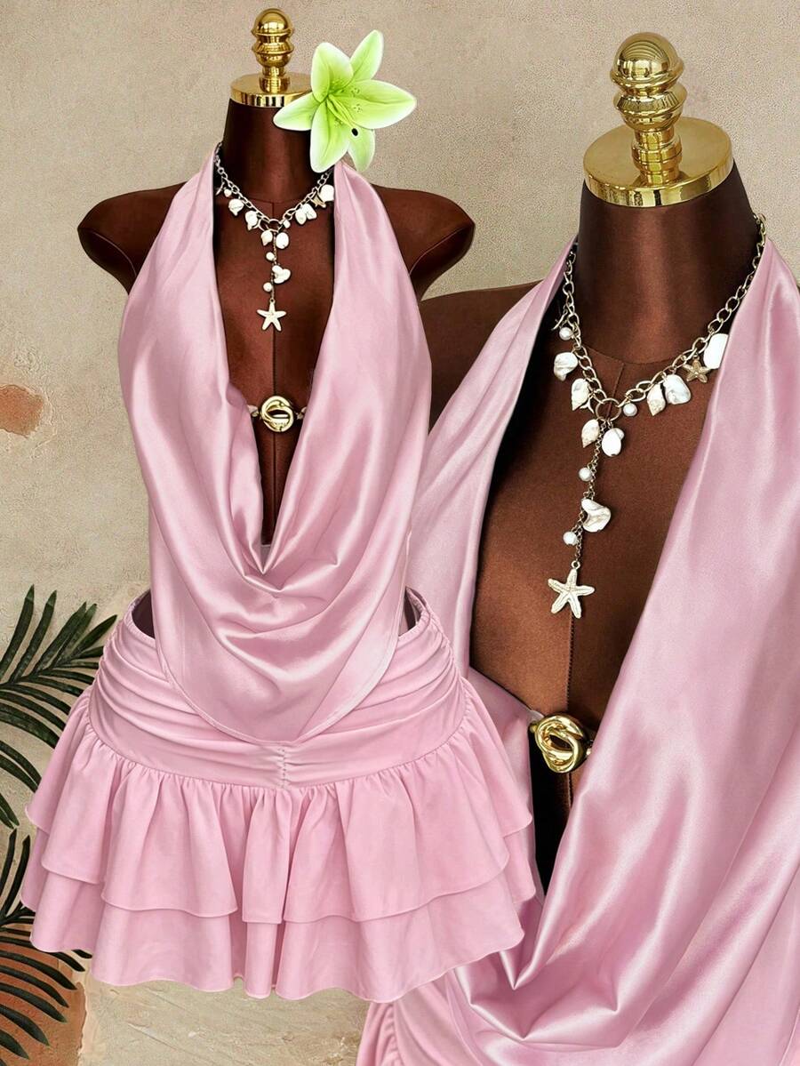 Sunspun Cerise Pink Summer Elwgant Vacation Holiday Satin Metal Buckle Draped Neck Tie Camisole Top&Printed Pleated Double Layer Hem Mini Skirt 2pcs Outfit - Pink - View 1