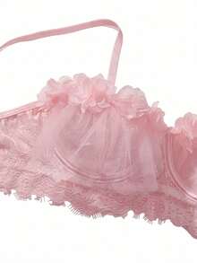 SHEIN 花卉蕾絲鋼圈吊帶襪內衣套裝帶1雙長襪 - 粉色 - 查看 3