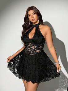 Viva Relle Plus Size Women's Spring/Summer Black Lace Sexy Avant-Garde French Casual Youthful Elegant Fashionable Chic Knit Elastic Versatile Comfortable Inner Wear Black Dress Sexy Women's Sexy Social Holiday Outfit Black Bustier Tight Women's Black Formal Dress Formal Skirt Outerwear Youthful Elegant Sexy Patchwork Sexy Women's Top Sexy Holiday Outfit Social Black Top Black Jumpsuit Black Bustier Tight High-End Transparent Off-Shoulder Slim Fit Inner Wear Solid Color - Black - View 3