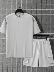 Manfinity Homme Men's Solid Color Dropped Shoulder Crew Neck T-Shirt And Drawstring Pocket Knee Length Shorts Set - Light Grey - View 3