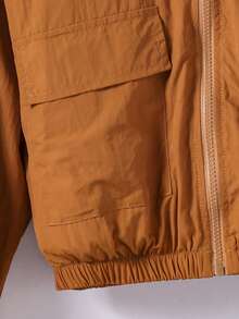 SHEIN Tween Girl Solid Color Dropped Shoulder Long Sleeve Utility Pocket Zipper Placket Hooded Jacket - Khaki - View 6