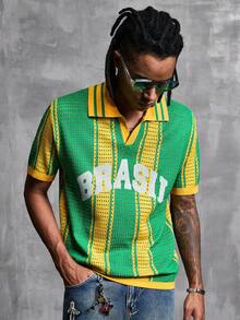 Manfinity Denimwave Men's Contrast Color Striped Letter Print Hollow Out Football Knit Top - Green - View 7