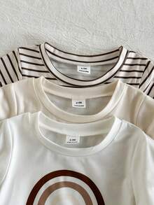 SHEIN Vintaside Kids 3套男童黑白米白色棕色卡通印花長袖長褲套裝，休閒可愛狩獵風家庭親子款，適合秋季穿著 - 杏色 - 查看 5
