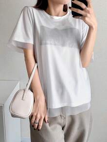 FRIFUL Women's Summer Spring/Autumn Solid Color Patchwork Sheer Mesh Loose Casual Versatile T-Shirt - Grey - View 4