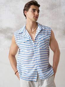 TONEVAULT Men's Summer Casual Tropical Linen-Like Sleeveless Shirt Vacation Blue And White Stripe - Blue - View 1