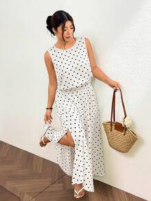 Lounesse Plus Size 2-Piece Set Women's Polka Dot Design 2-Piece Set Daily Commute Vacation Plus Size Polka Dot Dress Sleeveless Top Plus Skirt 2-Piece Set - Black and White - View 1