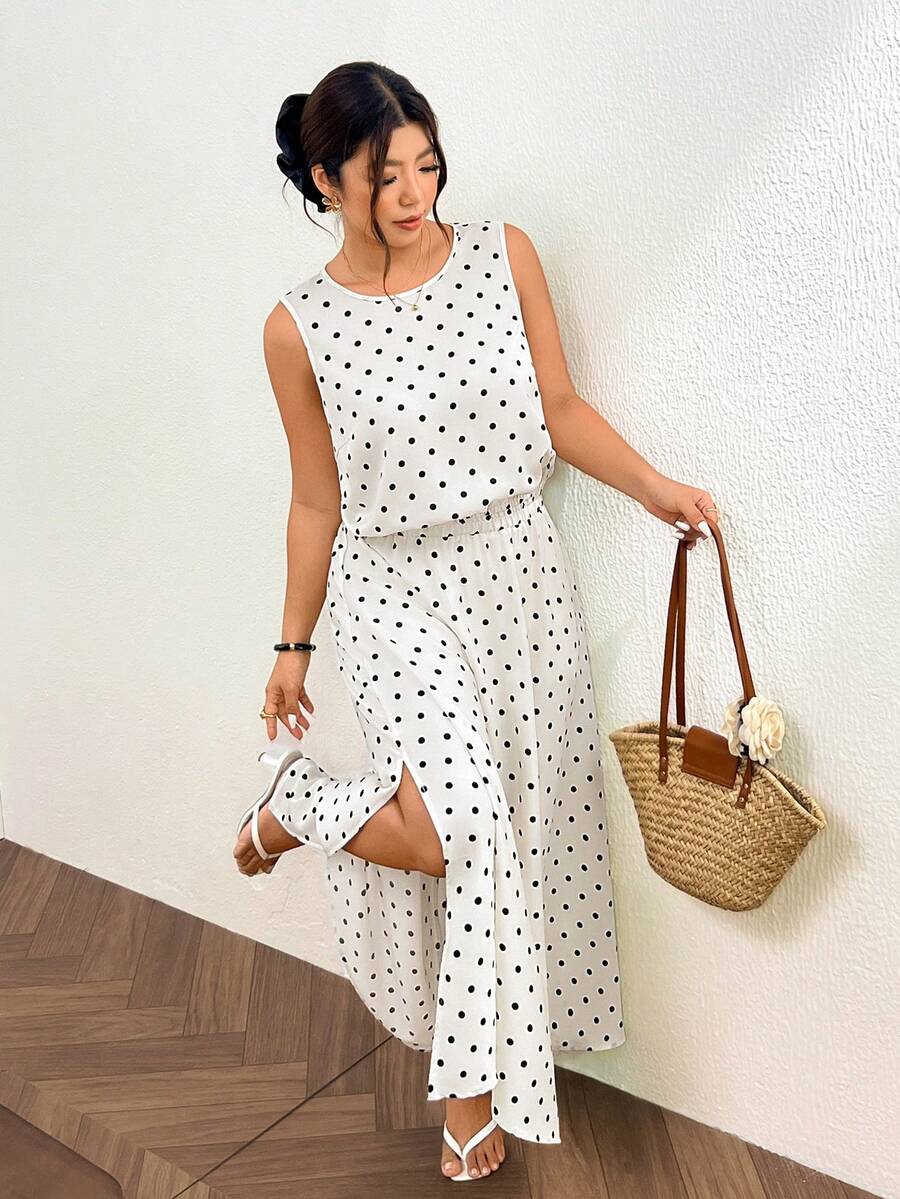 Lounesse Plus Size 2-Piece Set Women's Polka Dot Design 2-Piece Set Daily Commute Vacation Plus Size Polka Dot Dress Sleeveless Top Plus Skirt 2-Piece Set - Black and White - View 1