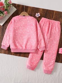 SHEIN Elladie kids 1件裝少女可愛粉色柔軟毛絨鹿斑點長袖加厚2件式上衣褲套裝，派對秋季日常穿著，新穎好玩合身，防曬防寒 - 粉色 - 查看 2