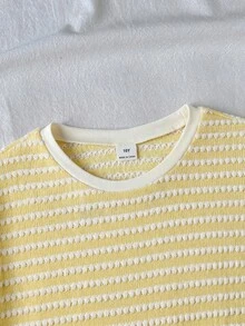 SHEIN 青少年女孩T恤套裝 夏季新款休閒度假日常 藍白紋理條紋 寬鬆短袖T恤 & 短褲套裝 - 黃色 - 查看 5