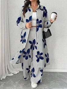 Elenzga Plus Size Digital Print Fabric Lapel Regular Long Sleeve Long Shirt And Loose Straight Leg Pants Casual Outing Commute Two Pieces Set - Multicolor - View 1