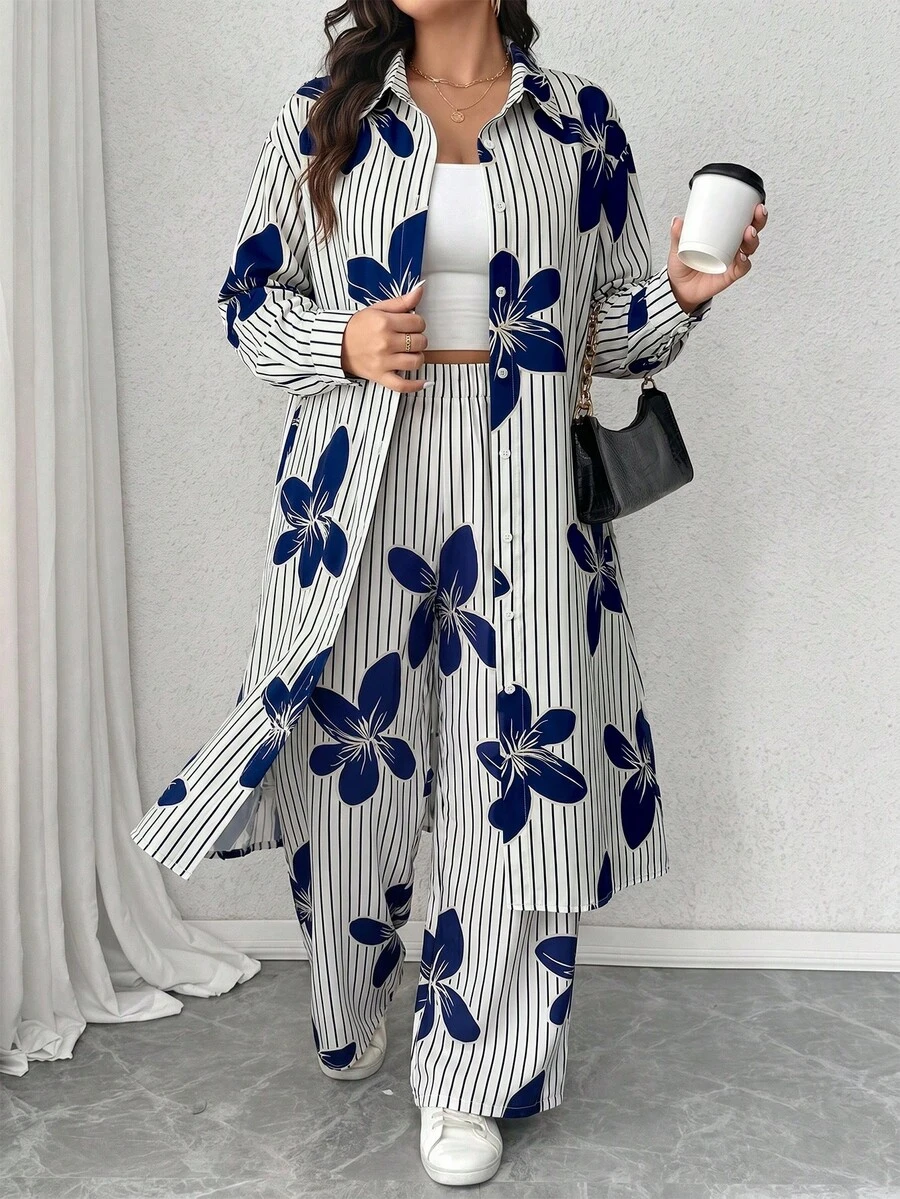 Elenzga Plus Size Digital Print Fabric Lapel Regular Long Sleeve Long Shirt And Loose Straight Leg Pants Casual Outing Commute Two Pieces Set - Multicolor - View 1