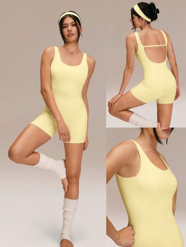 4.3" FeatherFit™ Buttery-Soft Stretchy Tummy Control Removable Cups Side Pockets U-Back Bodysuit Romper Low Impact Yoga Pilates Studio Gym Workout Daily Wear
