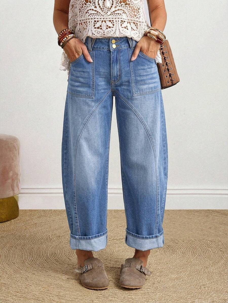 SHEIN Tall 女款休閒日常口袋鈕扣牛仔褲,適合高個女性 - 淺色水洗藍 - 查看 1