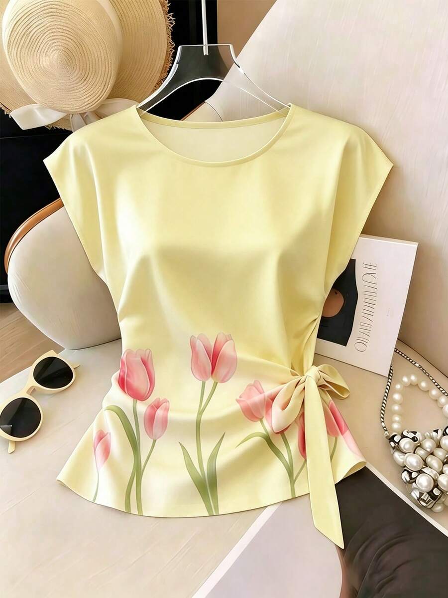 SHEIN Franclia 新款女款鬱金香圖案側邊繫帶緞面T恤 - 淡黃色 - 查看 1
