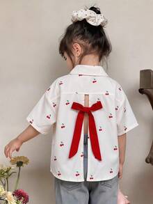 SHEIN 少女樱桃印花休闲梭织衬衫，可爱户外休闲装，时尚街头风及日常穿着 - 彩色 - 查看 2