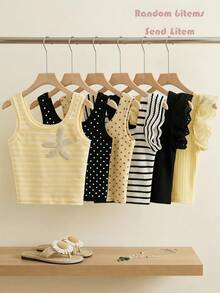 SHEIN [Randomly Select 6 Groups, Send 1 Groups]! Surprise Gift Package!!Surprise Box !! Young Girl Striped Square Collar Cap Sleeve Knit Top,Ruffle Trim Ho - Multicolor - View 4
