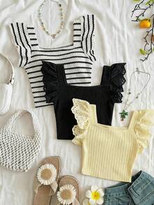 SHEIN [Randomly Select 6 Groups, Send 1 Groups]! Surprise Gift Package!!Surprise Box !! Young Girl Striped Square Collar Cap Sleeve Knit Top,Ruffle Trim Ho - Multicolor - View 6