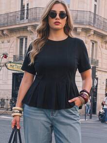 Maija Plus Size Black Round Neck Short Sleeve Fitted Top Ruffle Hem Elegant Smart Soft Form Casual Office Formal Formal Vacation Brunch Summer Halloween - Black - View 3