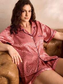 Charlaine Plus Leopard Jacquard Contrast Piping Satin PJ Set / Pajama Set - Rusty Rose - View 7