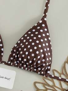 Swim Vcay 3pcs/Set Spring/Summer New Brown Polka Dot Chocolate Brown Halter Neck Tie Triangle Top And Solid Color Thong Beach Party Wear 1950s Vintage - Multicolor - View 5