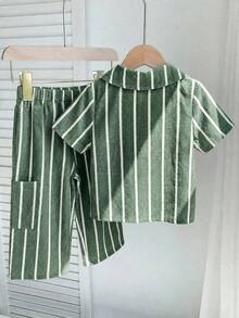 SHEIN 2 buc./set Set de cămașă cu mânecă scurtă și guleră cu dungi albastru-alb și pantaloni lungi, confortabil, casual și versatil, pentru bebeluși băieți și fete, potrivit pentru primăvară și vară, interior, exterior, uz zilnic, sport, joacă, petreceri, fotografii, vacanțe și sărbători - Multicolor - Vizualizare 2