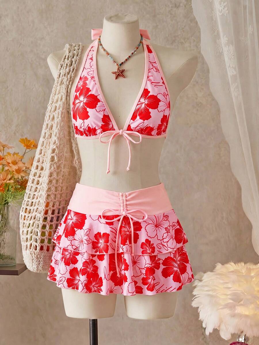 Bellisia 女款夏季海灘音樂節花卉圖案裙掛脖休閒度假風比基尼三件套 - 彩色 - 查看 1