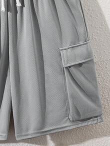 SHEIN 青少年男孩 2件組 休閒寬鬆舒適 Logo裝飾短袖上衣與短褲套裝，春夏季 - 灰色 - 查看 5