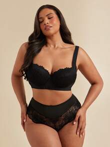 SHEIN BAE CURVE 1 件大码纯色撞色蕾丝内裤内衣 - 黑色 - 查看 3