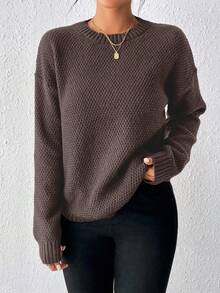 SHEIN LUNE Women's Solid Color Round Neck Drop Shoulder Long Sleeve Casual Sweater - Coffee Brown - View 5