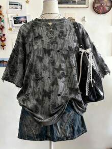 Lalippa Kaos Wanita Lengan Pendek Leher Bulat Minimalis Modis dengan Motif Kupu-kupu Cetak Digital, Hadiah untuk Teman - Grey - View 2