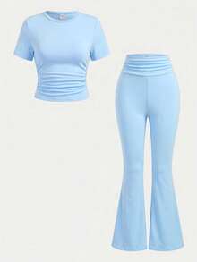 Kids Teen Girl Spring/Summer New Blue Ruched Design Short Sleeve Round Neck T-Shirt + Waist Ruched Flare Long Pants 2pcs Set, Suitable For Daily Outings, School Wear, Basic Long Pants Set - Blue - View 5