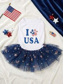 PETSIN 4th Of July USA Flag Printed Blue Stars Mesh Dress, Suitable For Cats & Dogs - Multicolor - View 1