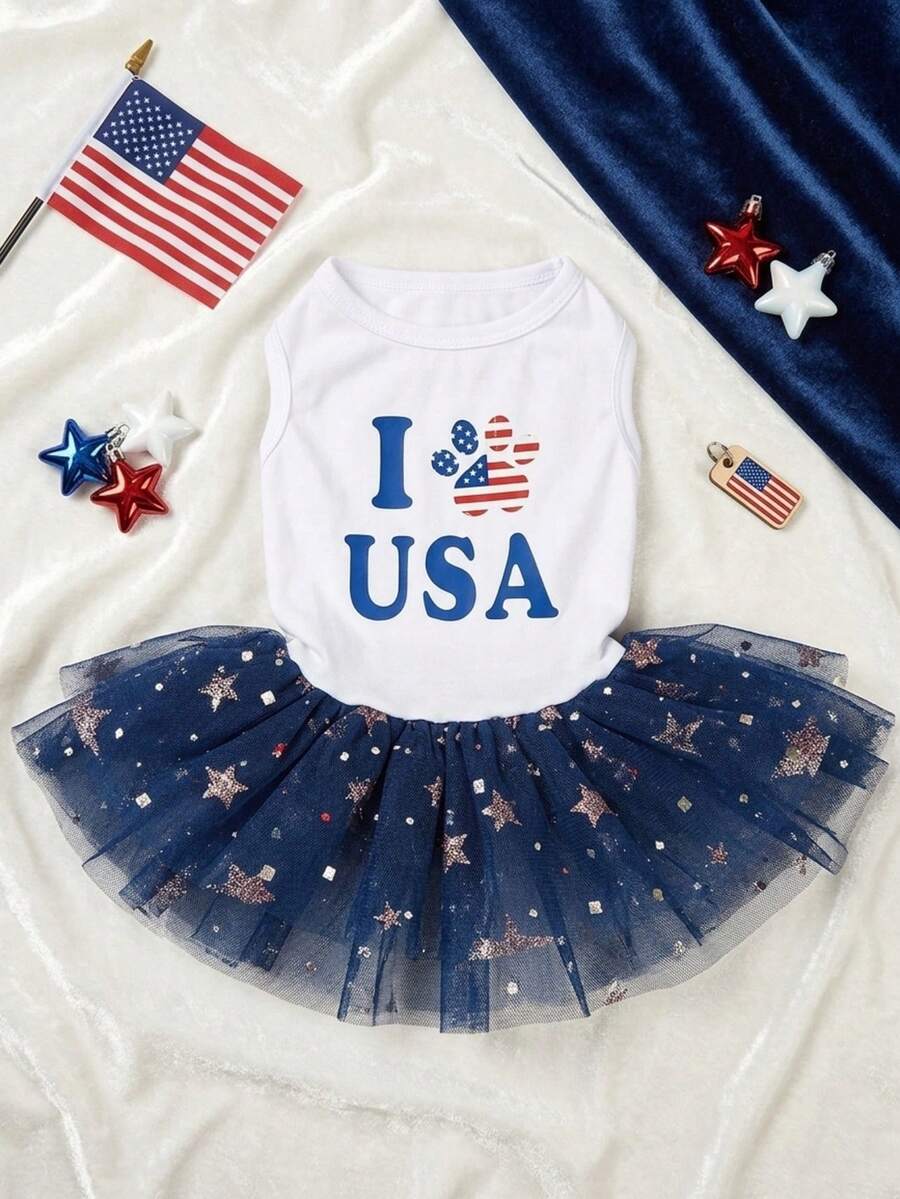 PETSIN 4th Of July USA Flag Printed Blue Stars Mesh Dress, Suitable For Cats & Dogs - Multicolor - View 1
