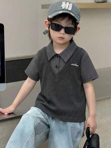 DAZY Young Boy Patchwork Plaid Short Sleeve 2 In 1 Casual Shirt - Grey - View 6