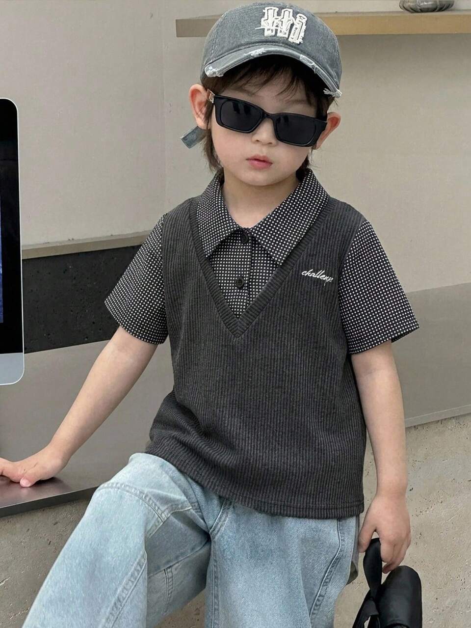 Young Boy Patchwork Plaid Short Sleeve 2 In 1 Casual Shirt