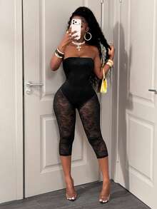 BamGleam Black Lace Bustier Sheer Mesh Jacquard Slim Fit Midi Jumpsuit - Black - View 6