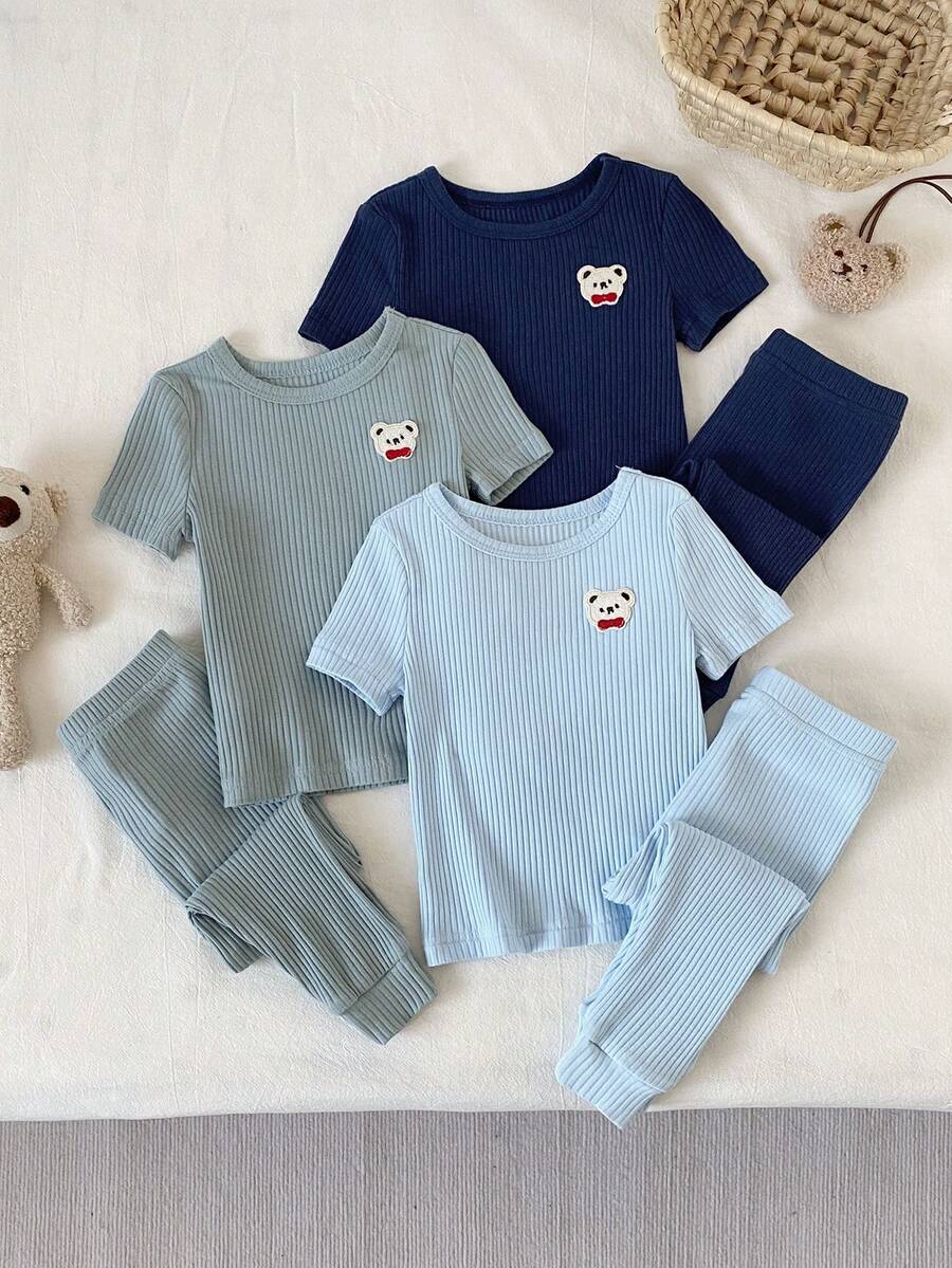 SHEIN 6件組男嬰紋理羅紋布可愛熊娃娃頭刺繡貼片短袖上衣與長褲貼身居家休閒套裝 - 彩色 - 查看 1