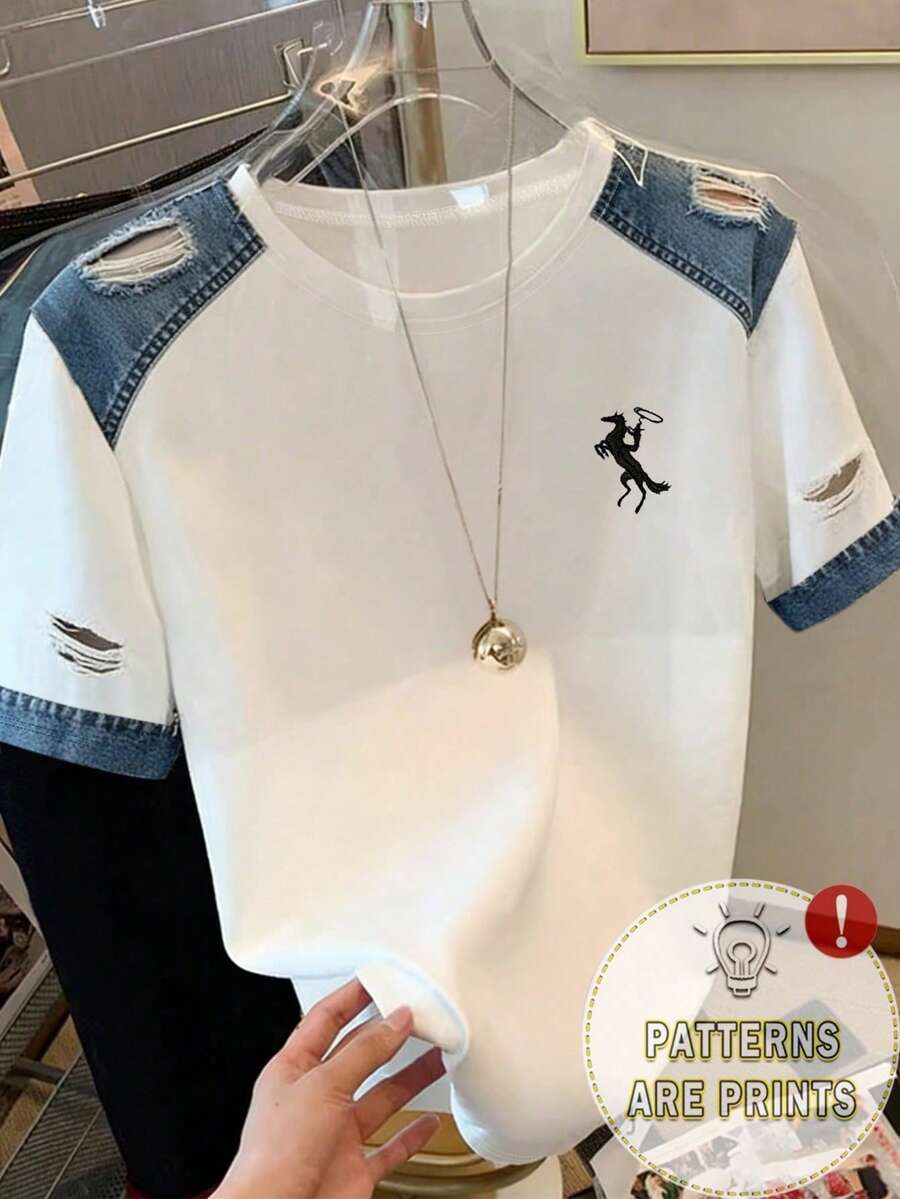 Resyla 正品刺绣,时尚牛仔效果圆领女式T恤,适合日常和正式场合穿着 - 白色 - 查看 1