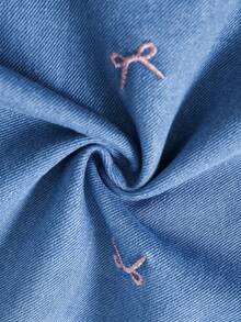 SHEIN Gaun Denim Biru Muda Pudar Tanpa Lengan dengan Bordir Pita untuk Anak Perempuan, Gaya Putri Manis Kasual Elegan dengan Hiasan Ruffle - Medium Wash - View 7