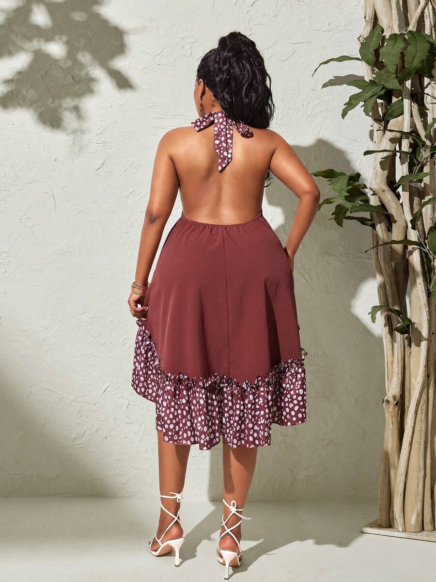 Maweii Plus Size Women's Printed Ruffle Patchwork Halter Neck Tie Front Short High-Low Sleeveless Dress Beach Burgundy Summer Boho - Multicolor - View 1