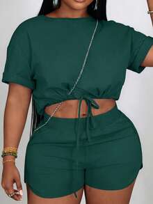 Slaydiva Slayr Plus Casual Solid Color Fitted Drawstring Split Women's Plus Size Two Pieces Outfits,Set,Summer,Two Pieces - Dark Green - View 7