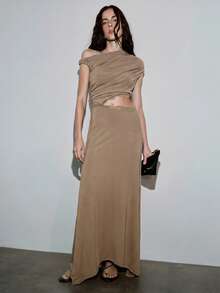 MOTF PREMIUM URBAN WAIST-CINCHED CUT-OUT CONTRAST LACE ASYMMETRICAL SHOULDER DRESS SPRING/SUMMER - Camel - View 4