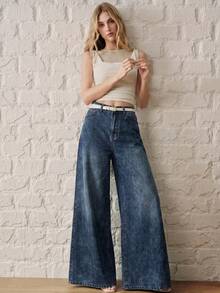 Anewsta Essential Fashionable New Street Style Women's Blue Denim Wide Leg Pants - Blue - View 3