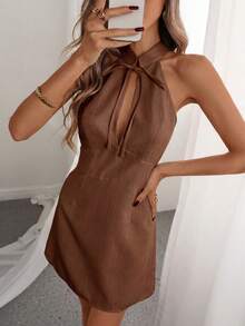 Pariaura Women's Summer Halter Neck Tie-Up Stand Collar Waist-Cinched Sleeveless Short Dress, Elegant Slimming Outfit For Dates, Gatherings, Mature Parties And Daily Streetwear - Brown - View 4