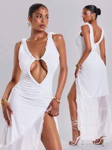 ROMWE Y2K Romantic Vacation Sexy White Semi-Sheer Mesh Ruffle Trim Hollow-Out Dress For Women - White - View 12