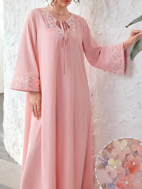 SHEIN Najma Rhombus Neckline Floral Patchwork 3/4 Sleeve Flared Dress For Women