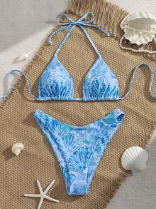 Swim Mod Summer Vacation Sexy Fashion Full Shell Print Halter Neck Tie Two Pieces Bikini Set Set - Multicolor - View 3