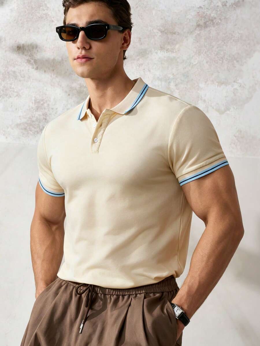 Airaco Men's Striped Collar Contrast Color Short Sleeve Casual Polo Shirt - Light Yellow - View 1